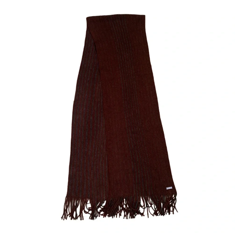 2/$30 Michael Kors Knit Fringed Stripes Scarf Gray Wine Classic Preppy Grandpa